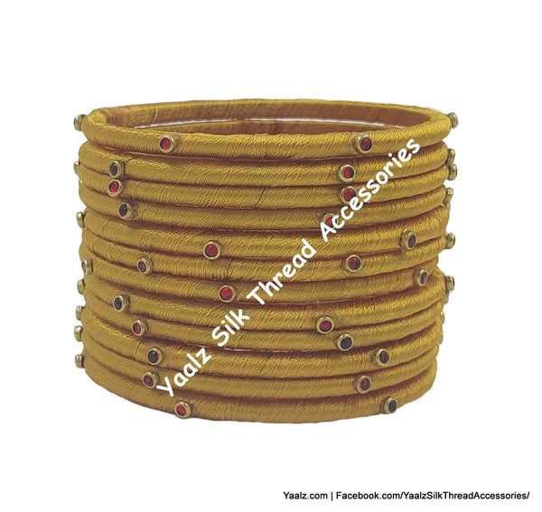Yaalz Silk Thread Weightless Thin Dozen Bangles With Kundan Stones In Assorted Colors - Set 1