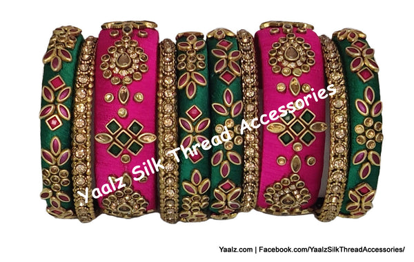 Yaalz Silk Thread Heavy Traditional Design Color Kundan Stone 10Pcs Bangle Sets In Assorted Colors