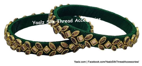 Yaalz Silk Thread Row Work Antique Kundan Stone Bangle Pair In Pine Green Colors