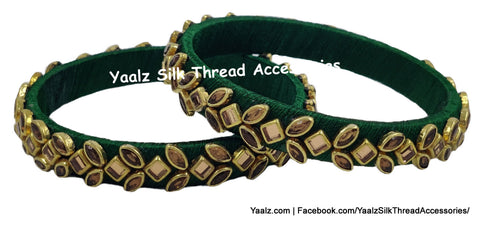 Yaalz Silk Thread Row Work Antique Kundan Stone Bangle Pair In Pine Green Colors