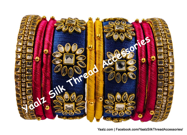 Yaalz Silk Thread Kundan Stone 10Pcs Heavy Partywear Bangle Set In Blue, Golden Yellow & Red Colors