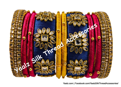 Yaalz Silk Thread Kundan Stone 10Pcs Heavy Partywear Bangle Set In Blue, Golden Yellow & Red Colors