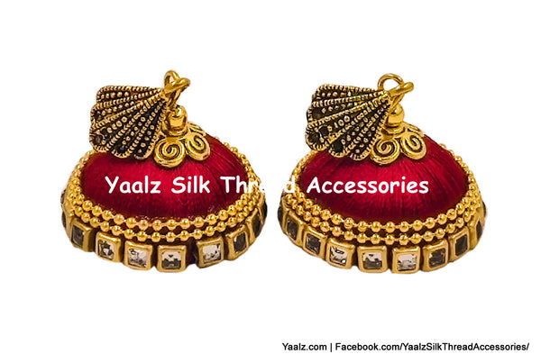 Yaalz Silk Thread Jhumka With Square Kundan Stone Border In Assorted Colors