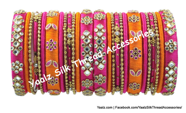 Yaalz Silk Thread Kundan Stone 22Pcs Heavy & Elegant Partywear Bangle Sets In Assorted Colors
