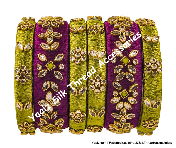 Yaalz Silk Thread Kundan Stone 3Pcs Bangle Sets In Assorted Colors - Set 1
