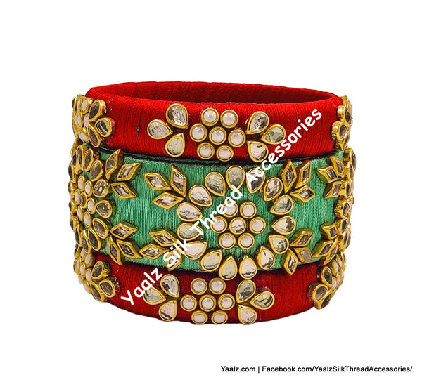 Yaalz Silk Thread Heavy Antique Gold Kundan Stone 3Pcs Bangle Sets In Assorted Colors - Set 2