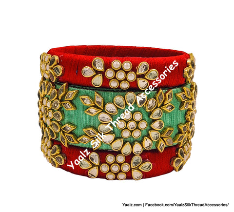 Yaalz Silk Thread Heavy Antique Gold Kundan Stone 3Pcs Bangle Sets In Assorted Colors - Set 2