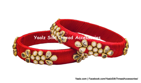 Yaalz Silk Thread Kundan Stones Leaf & Flowrer Worked Medium Bangle Pairs In Assorted Colors - Set 2