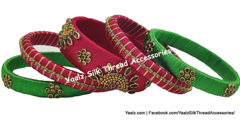 Yaalz Silk Thread Kundan Stone 5Pcs Bangle Set In Pink & Green Colors