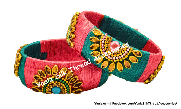 Yaalz Silk Thread Traditional Kundan Design Kada Bangle Pairs In Assorted Colors - Set 2