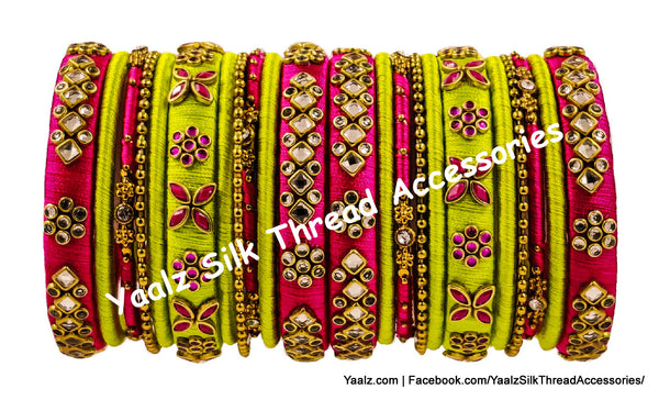 Yaalz Silk Thread Kundan Stone 22Pcs Heavy & Elegant Partywear Bangle Sets In Assorted Colors