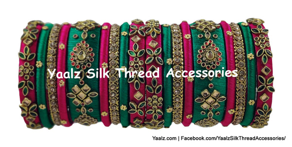 Yaalz Silk Thread Heavy Traditional Design Color Kundan Stone 10Pcs Bangle Sets In Assorted Colors
