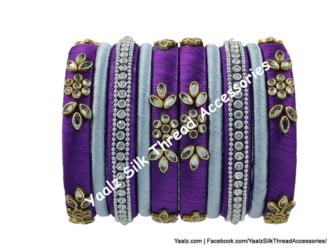 Yaalz Silk Thread Kundan 10Pcs Simple Bangle Set In Purple & Silver Colors