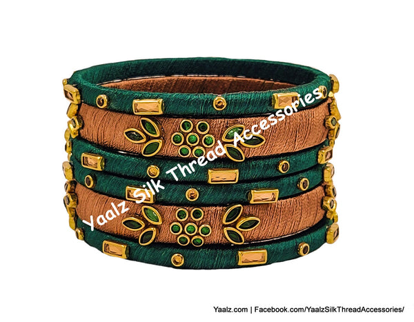 Yaalz Silk Thread Kundan Work 6Pcs Simple Bangle Sets With Stick Stone Work In Assorted Colors - Set 2