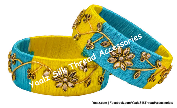 Yaalz Silk Thread Kundan Stone Kada Pairs With Flower & Zardousi Work In Assorted Colors