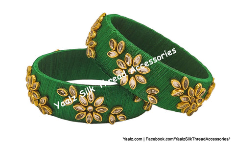 Yaalz Silk Thread Kundan Stone Flower Design Kada Bangle Pairs In Various Colors