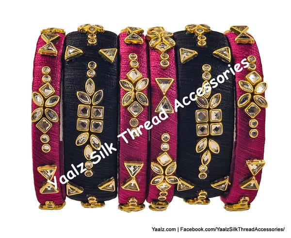 Yaalz Silk Thread Kundan Stone 6Pcs Partywear Bangle Sets In Assorted Color Combinations