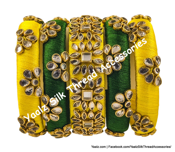Yaalz Silk Thread Rich Kundan Stone 5Pcs Partywear / Bridal Bangle Set In Yellow & Pine Green Colors