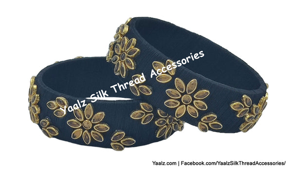 Yaalz Silk Thread Kundan Stone Flower Design Kada Bangle Pairs In Various Colors