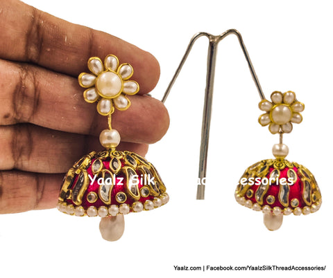 Yaalz Silk Thread Jhumka With Kundan Stone Work With Pearls In Assorted Colors