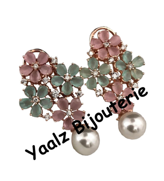 Yaalz Bijouterie - CZ Stone Elegant Earrings With Pearl Drops In Various Colors