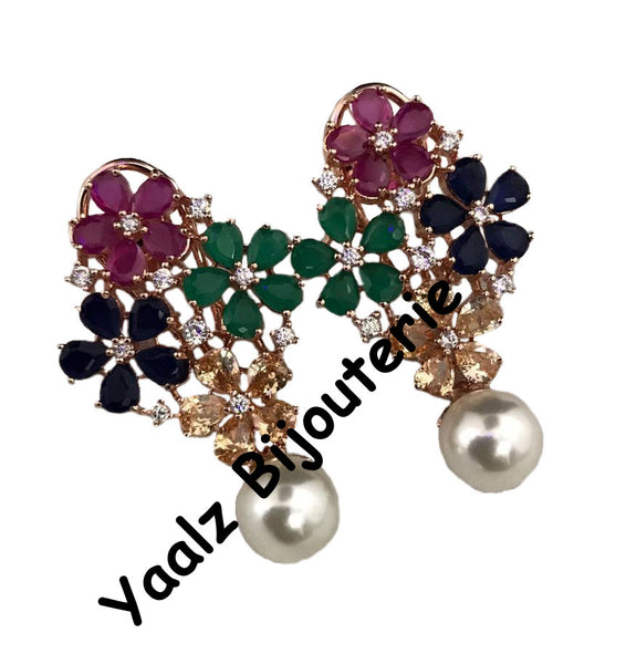 Yaalz Bijouterie - CZ Stone Elegant Earrings With Pearl Drops In Various Colors
