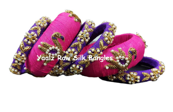 Yaalz Raw Silk Wedding / Party Wear Bangle Sets In Assorted Colors