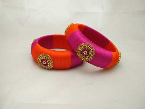 silk thread Bangle Earring Jumka-Yaalz Kada Bangles in Pink And Orange Colors-YAALZ