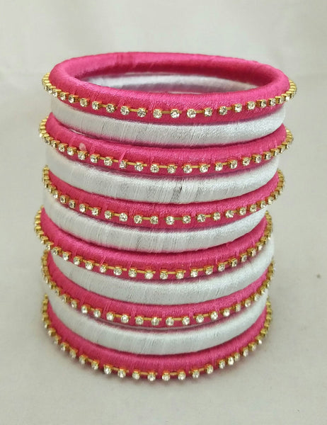 silk thread Bangle Earring Jumka-Yaalz Assorted Bangles Set in Pink And White Colors-YAALZ