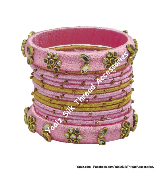 Yaalz Silk Thread Kundan Stone Heavy Metal Partywear Bangle Sets In Assorted Colors - Set 2