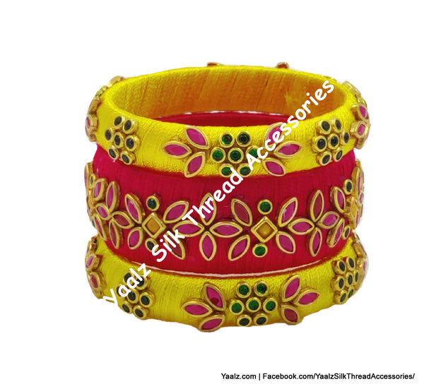 Yaalz Silk Thread Kundan Stone 3Pcs Bangle Sets In Assorted Colors - Set 2