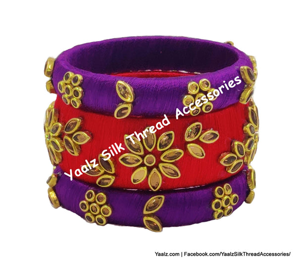 Yaalz Silk Thread Kundan Stone 3Pcs Bangle Sets In Assorted Colors - Set 1