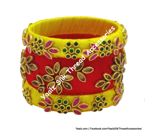 Yaalz Silk Thread Kundan Stone 3Pcs Bangle Sets In Assorted Colors - Set 2