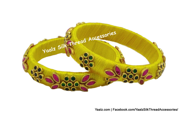 Yaalz Silk Thread Kundan Stone Medium Bangle Pairs In Assorted Colors - Set 3