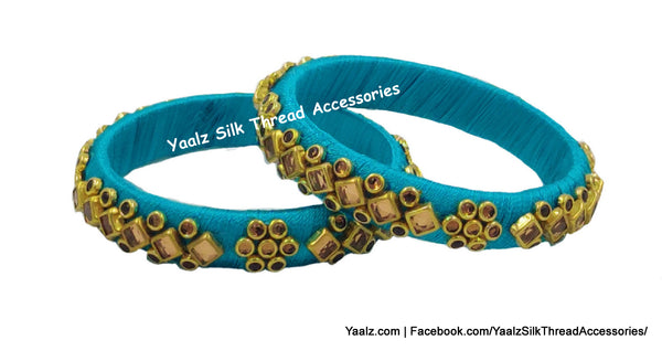 Yaalz Silk Thread Kundan Square Stone Work Medium Bangle Pairs In Assorted Colors