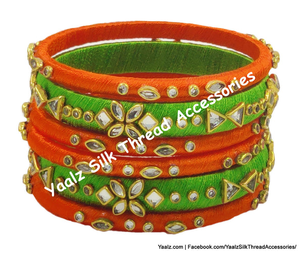 Yaalz Silk Thread Kundan Work 6Pcs Simple Bangle Sets In Assorted Colors - Set 3