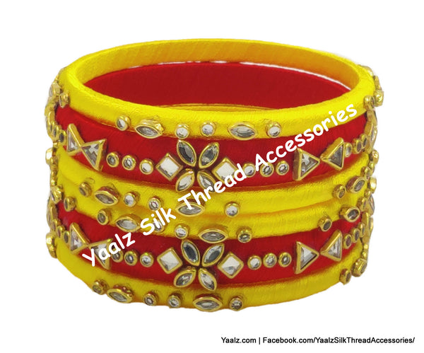 Yaalz Silk Thread Kundan Work 6Pcs Simple Bangle Sets In Assorted Colors - Set 3