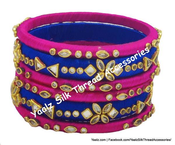 Yaalz Silk Thread Kundan Work 6Pcs Simple Bangle Sets In Assorted Colors - Set 3