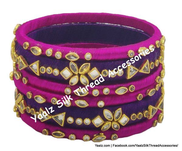 Yaalz Silk Thread Kundan Work 6Pcs Simple Bangle Sets In Assorted Colors - Set 3