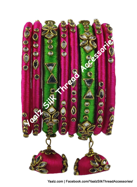 Yaalz Silk Thread Kundan Work 6Pcs Simple Bangle Sets In Assorted Colors - Set 3