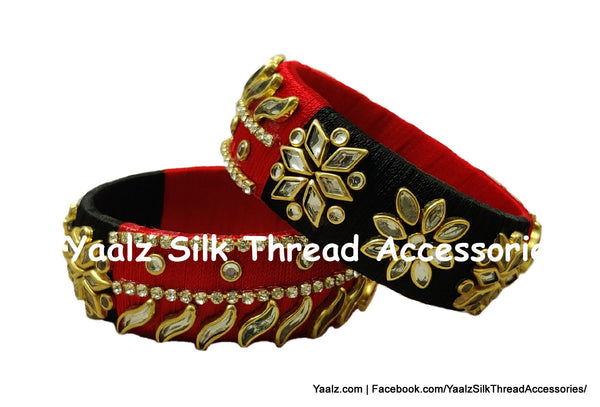 Yaalz Silk Thread Heavy Kundan Stone Kada Pairs With Petal & Flower Work In Assorted Colors