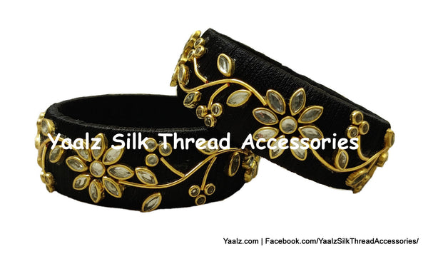 Yaalz Silk Thread Kundan Stone Kada Pairs With Flower & Zardousi Work In Assorted Colors