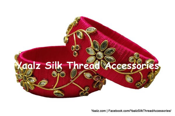 Yaalz Silk Thread Kundan Stone Kada Pairs With Flower & Zardousi Work In Assorted Colors