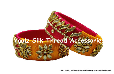 Yaalz Silk Thread Heavy Kundan Stone Kada Pairs With Petal & Flower Work In Assorted Colors