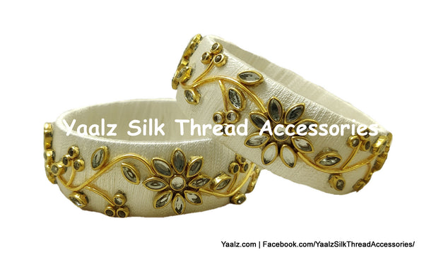 Yaalz Silk Thread Kundan Stone Kada Pairs With Flower & Zardousi Work In Assorted Colors