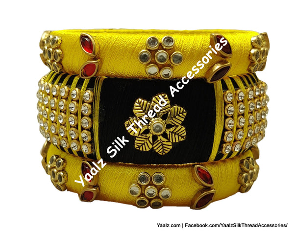 Yaalz Silk Thread Rich Kundan Stone Partywear 6pcs Bangle Sets In Assorted Colors - Set 2