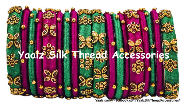 Yaalz Silk Thread Heavy Kundan Stone Bridal / Partywear 18Pcs Bangle Set In Assorted Colors