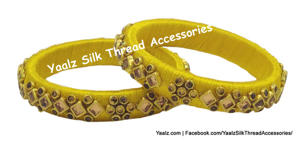 Yaalz Silk Thread Kundan Square Stone Work Medium Bangle Pairs In Assorted Colors