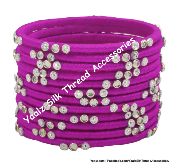 Yaalz Silk Thread Kundan & Glitter Stone Weightless Dozen 2mm Thin Bangles In Assorted Colors