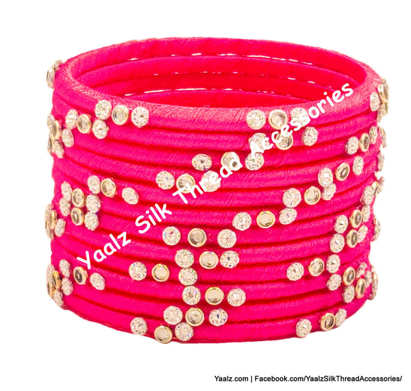 Yaalz Silk Thread Kundan & Glitter Stone Weightless Dozen 2mm Thin Bangles In Assorted Colors